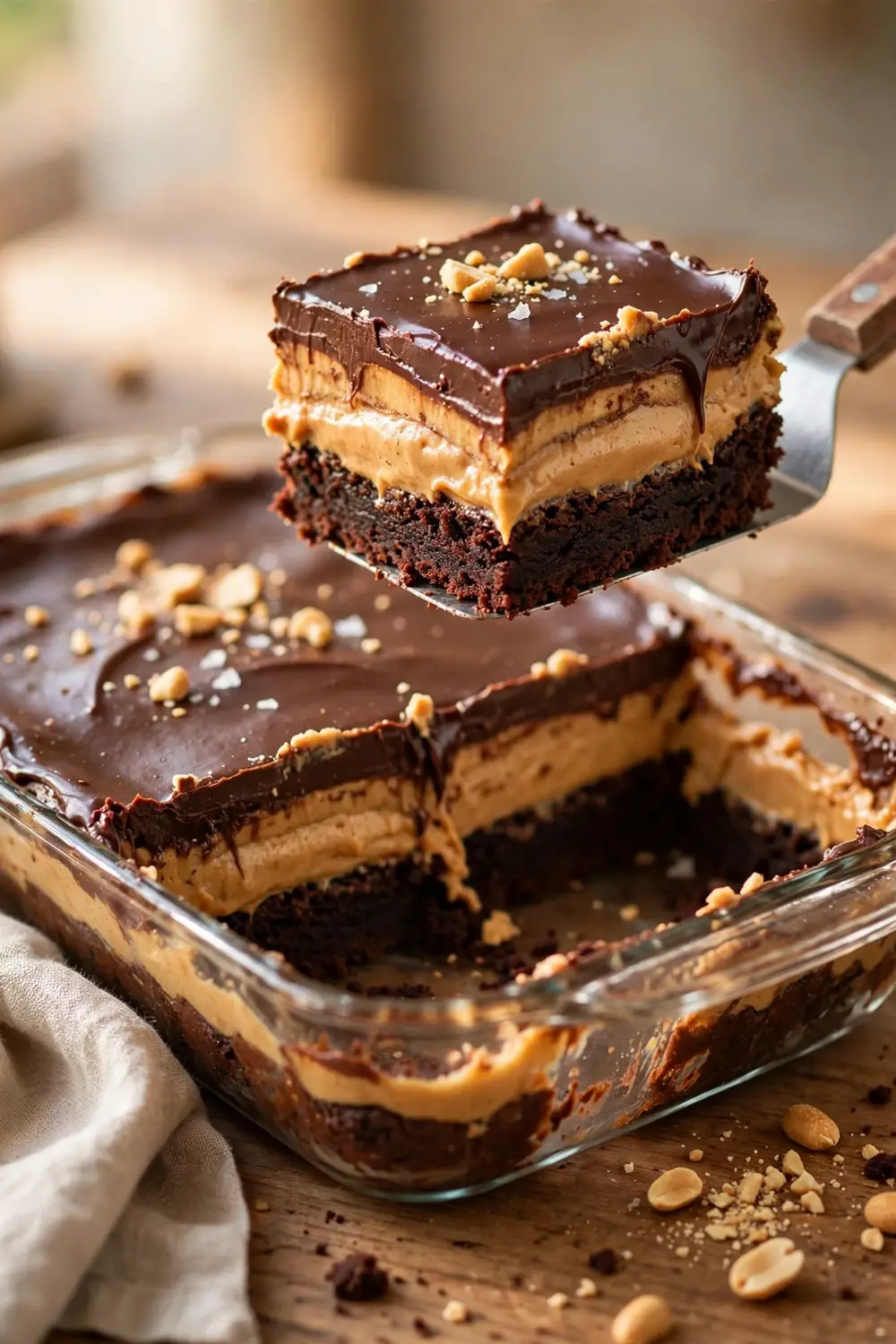 Layered chocolate and peanut butter dessert on a fudgy brownie base