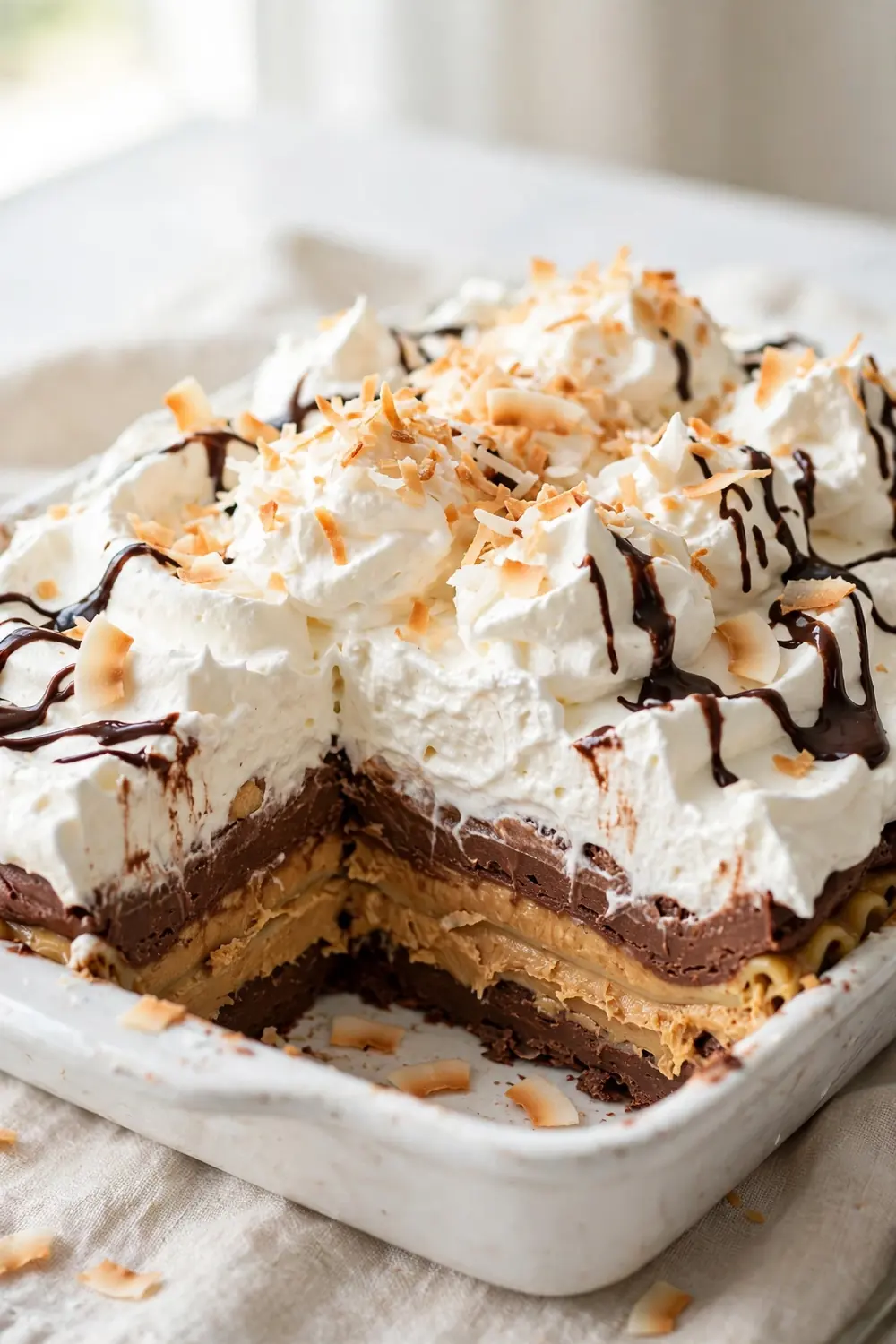 Layered chocolate and peanut butter dessert with whipped coconut cream topping
