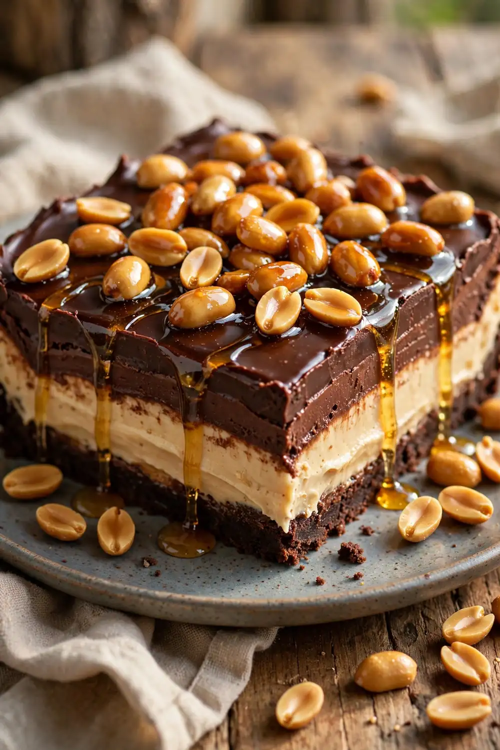 Layered chocolate and peanut butter dessert topped with honey roasted peanuts