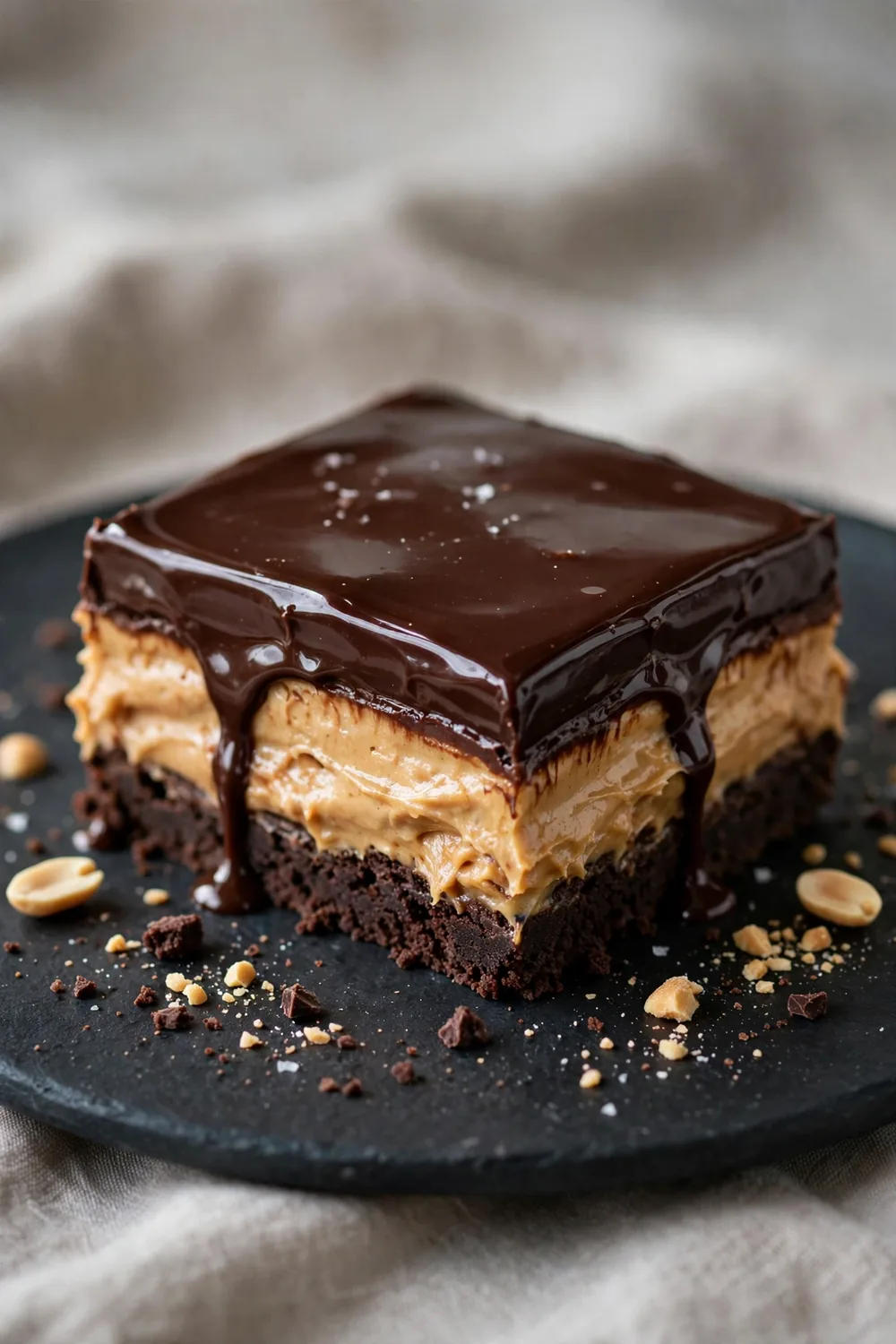 Layered chocolate and peanut butter dessert with glossy dark chocolate ganache top