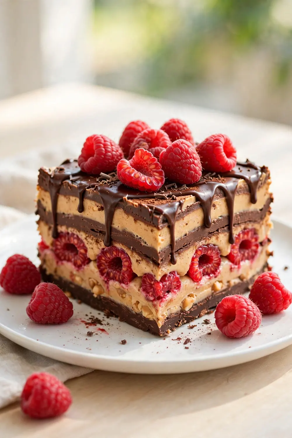 Layered chocolate and peanut butter dessert with fresh raspberries between layers