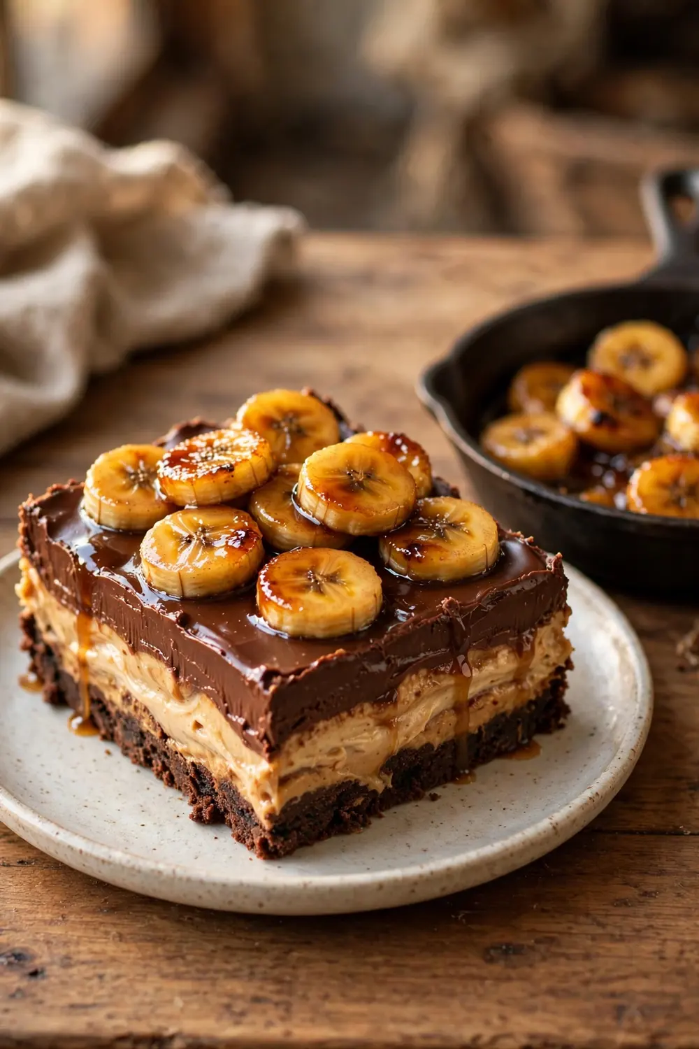 Layered chocolate and peanut butter dessert with caramelized banana topping