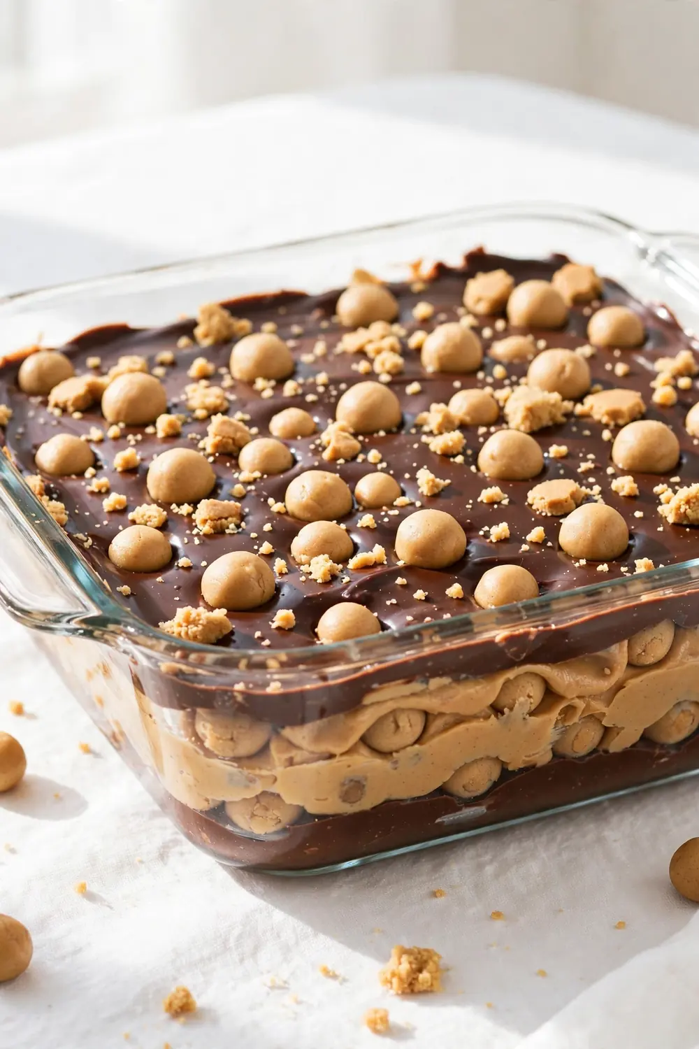 Layered chocolate and peanut butter dessert with edible cookie dough bits