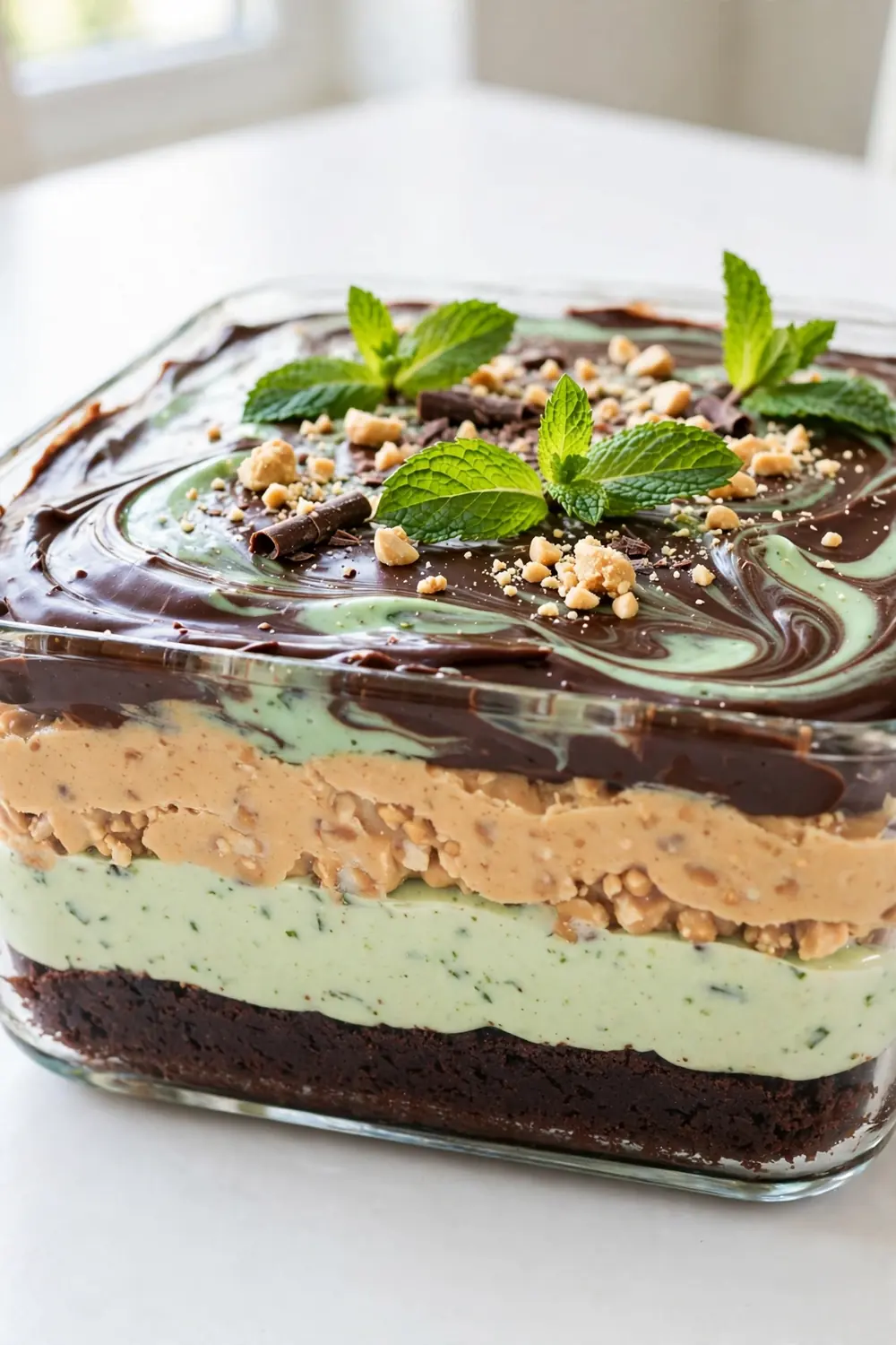 Layered chocolate and peanut butter dessert with fresh mint chocolate layer