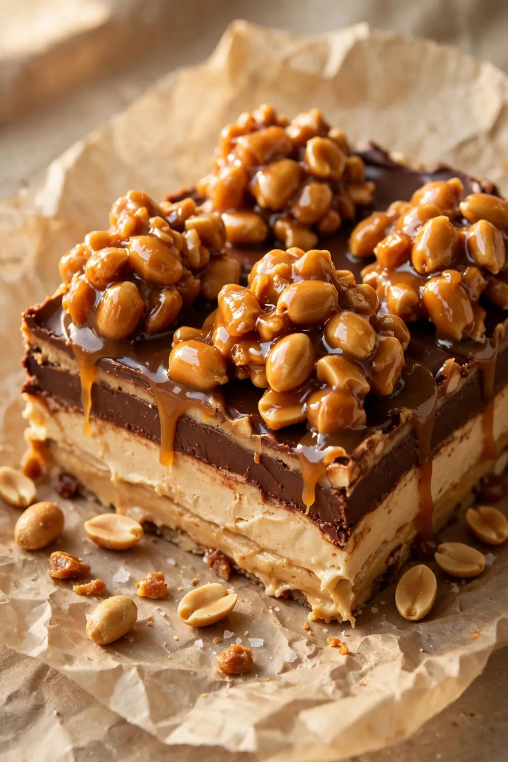 Layered chocolate and peanut butter dessert topped with caramel peanut clusters