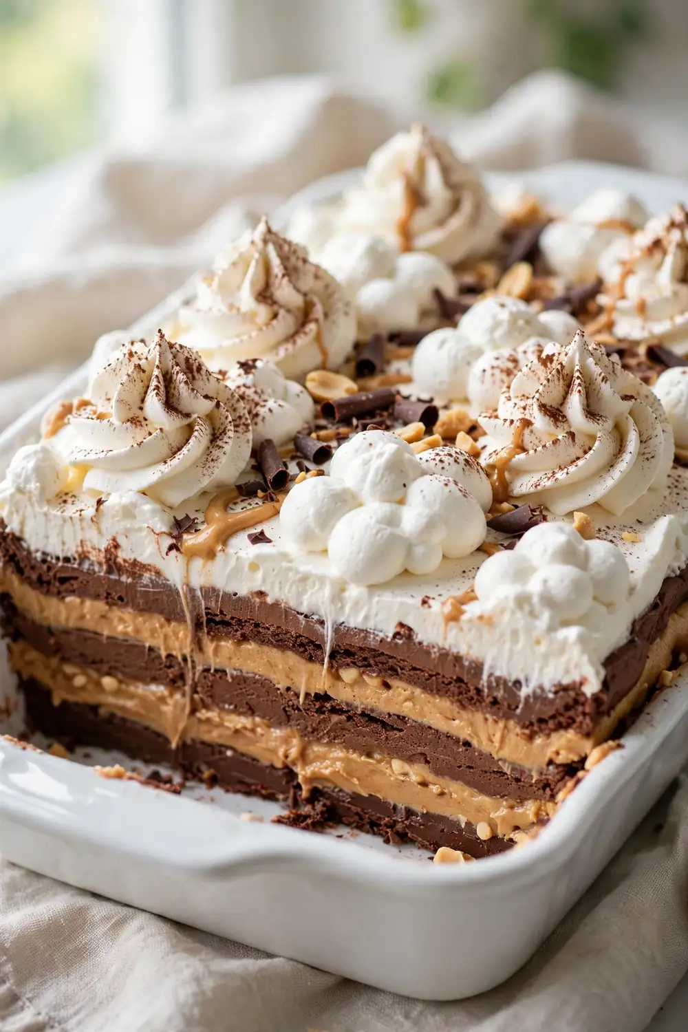 Layered chocolate and peanut butter dessert with piped whipped cream clouds