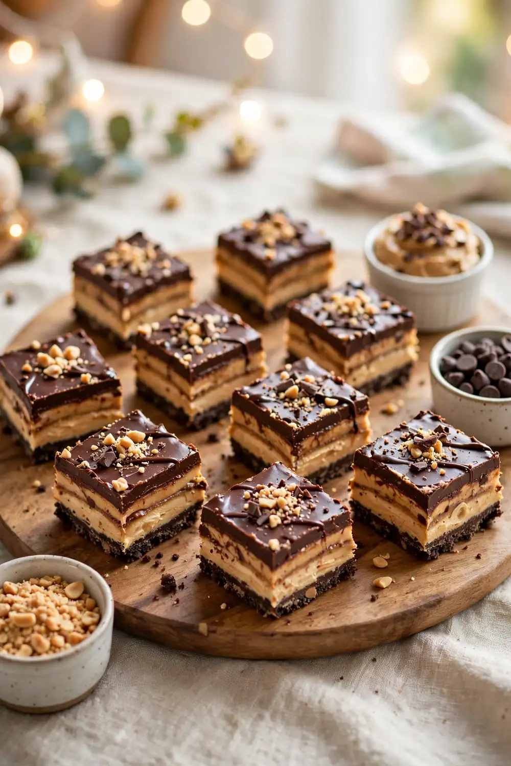 Party platter of sliced layered chocolate and peanut butter dessert squares