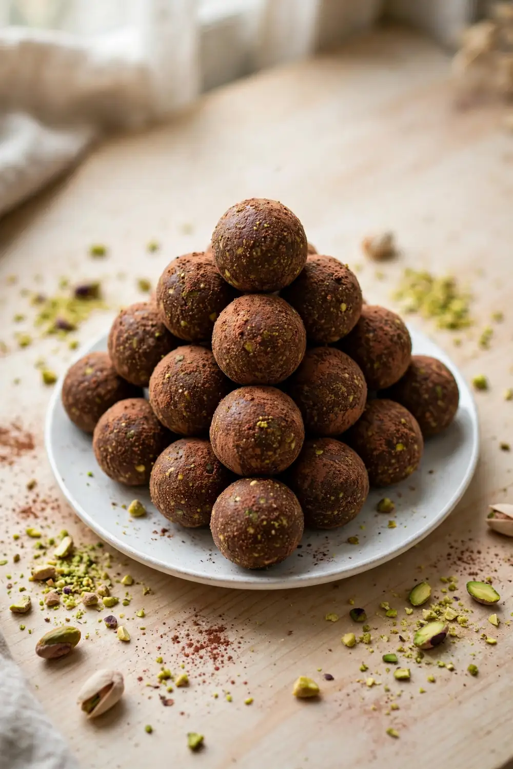 Classic chocolate pistachio bites rolled in cocoa on a white plate