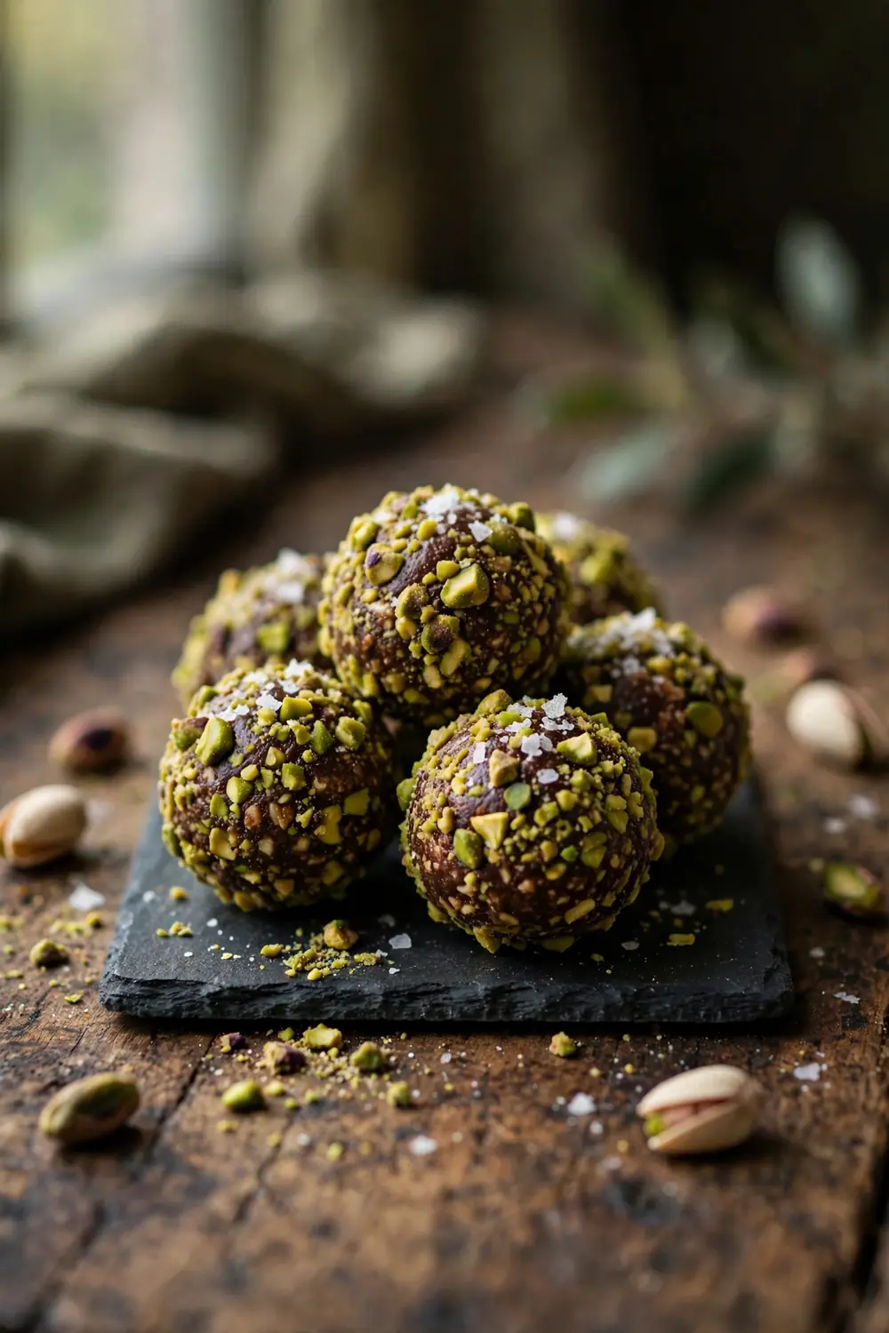 Chocolate pistachio bites topped with crushed pistachios and flaky sea salt