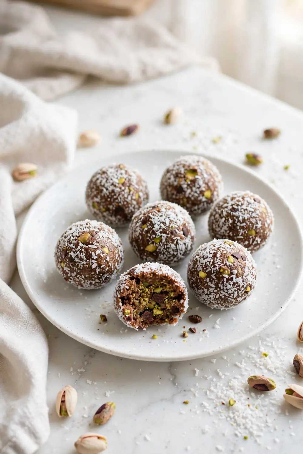 Chocolate pistachio bites coated in white coconut flakes on a plate
