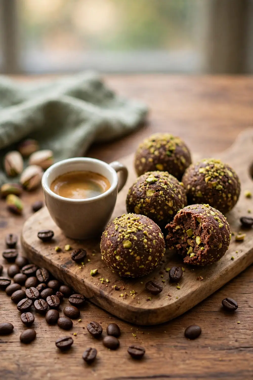 Chocolate pistachio bites with espresso powder and coffee beans beside them