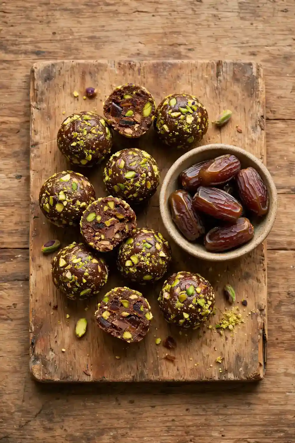 Chocolate pistachio bites made with dates on a wooden board