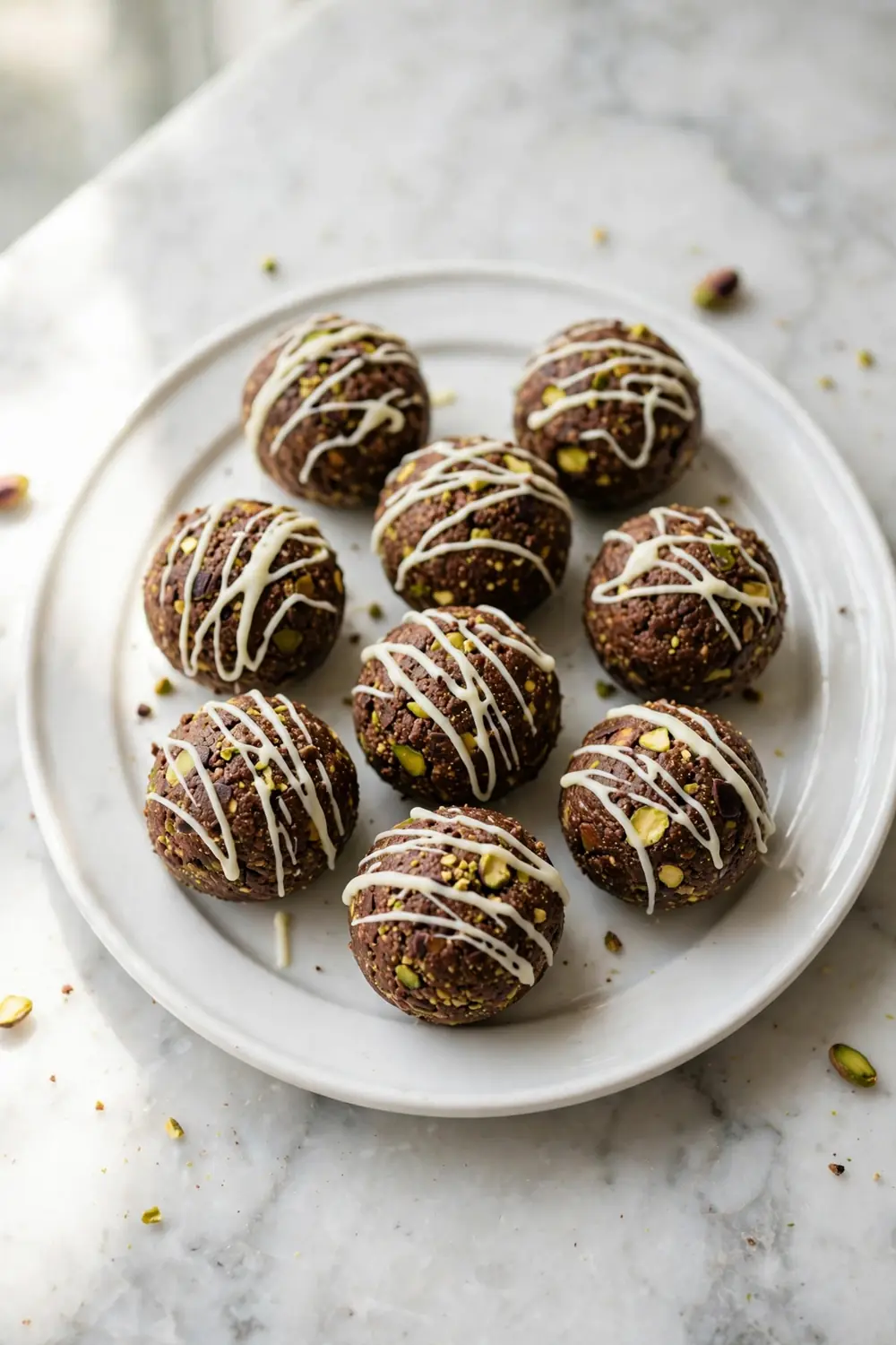 Chocolate pistachio bites drizzled with white chocolate on a platter