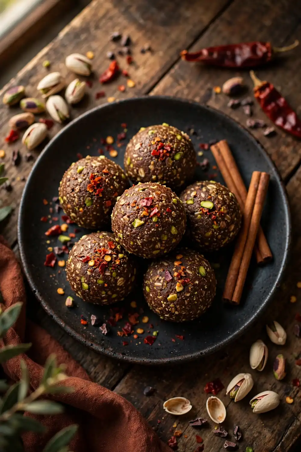 Chocolate pistachio bites with chili flakes and cinnamon sticks nearby