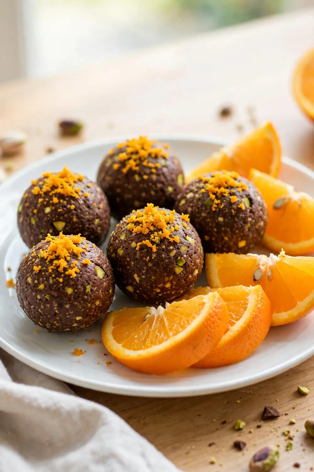 Chocolate pistachio bites with orange zest and orange slices beside them