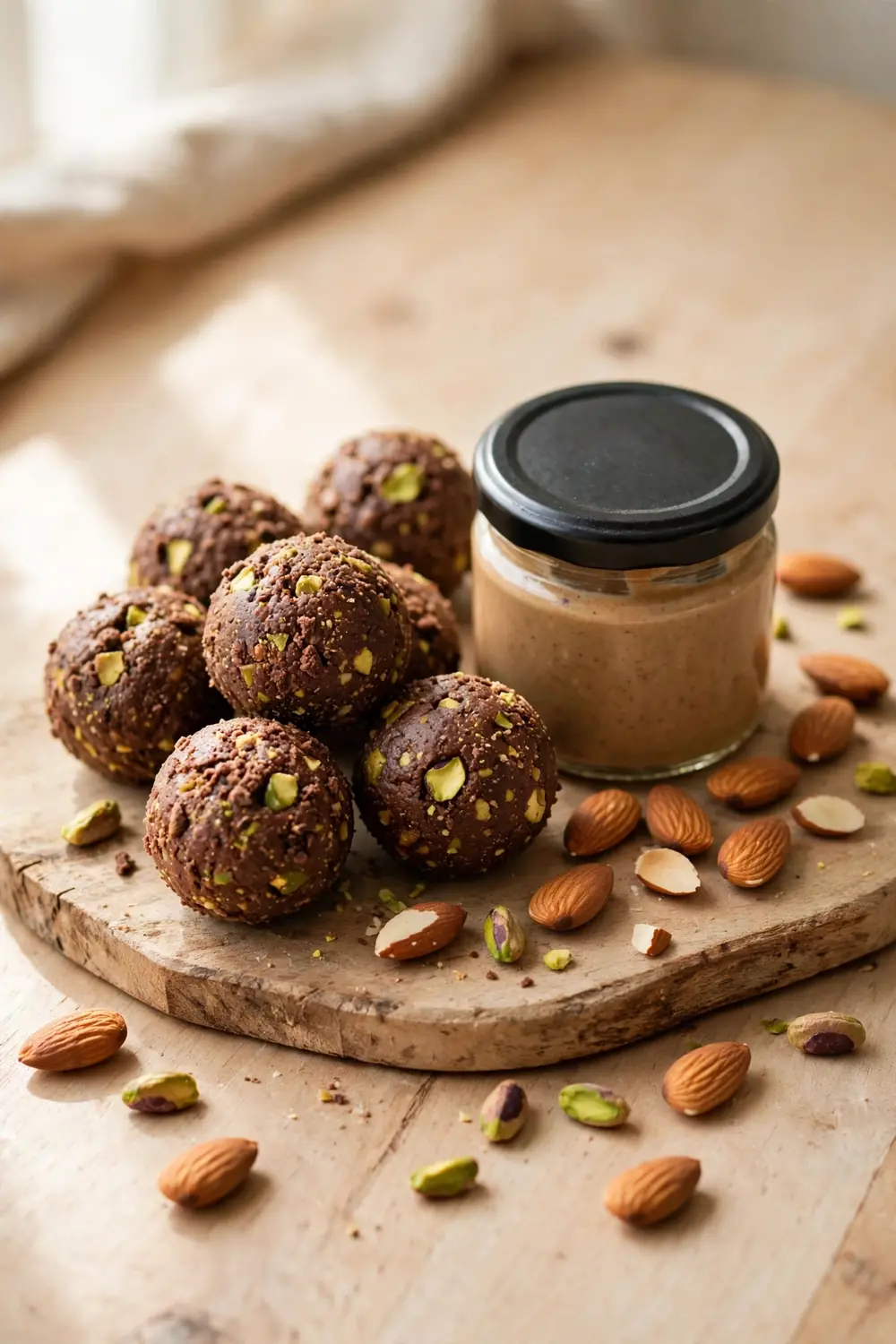 Chocolate pistachio bites with almond butter and almonds on a plate