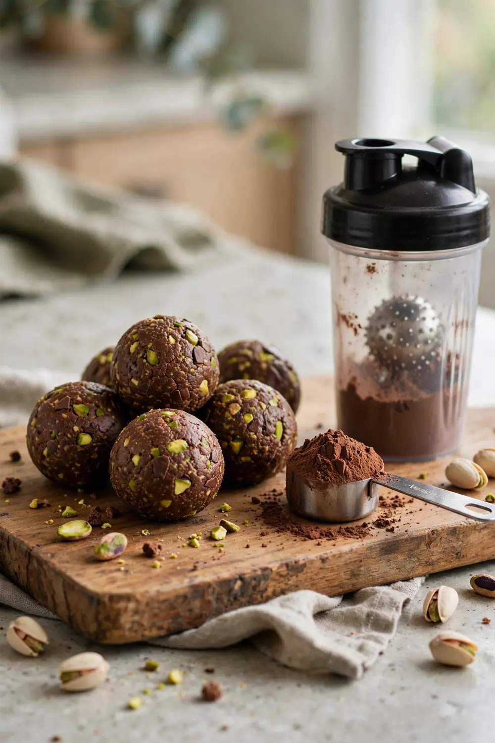 Chocolate pistachio bites with protein powder scoop beside them