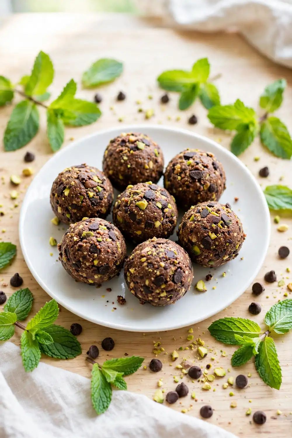 Chocolate pistachio bites with fresh mint leaves and mini chocolate chips