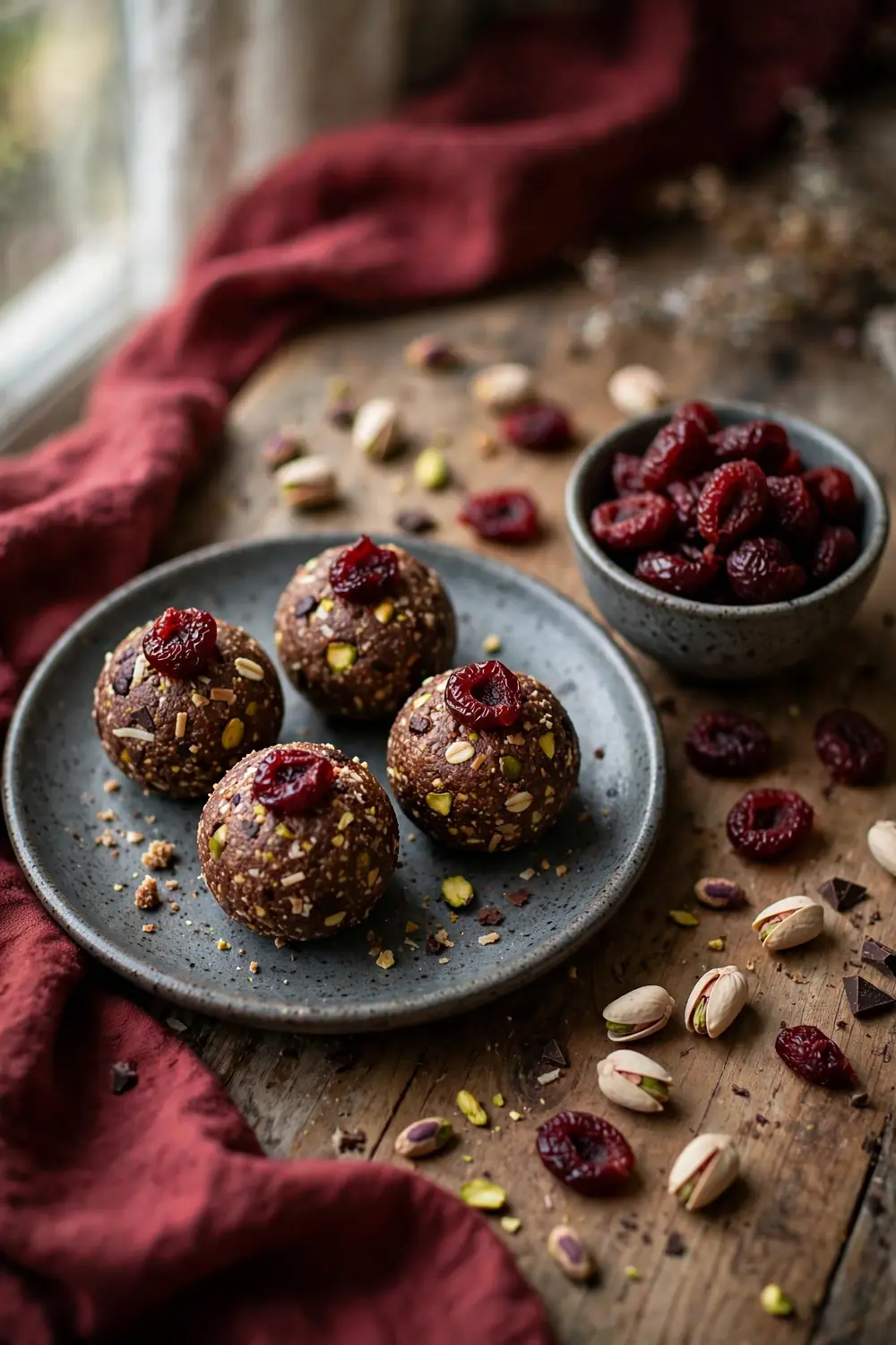 Chocolate pistachio bites with dried cherries on top