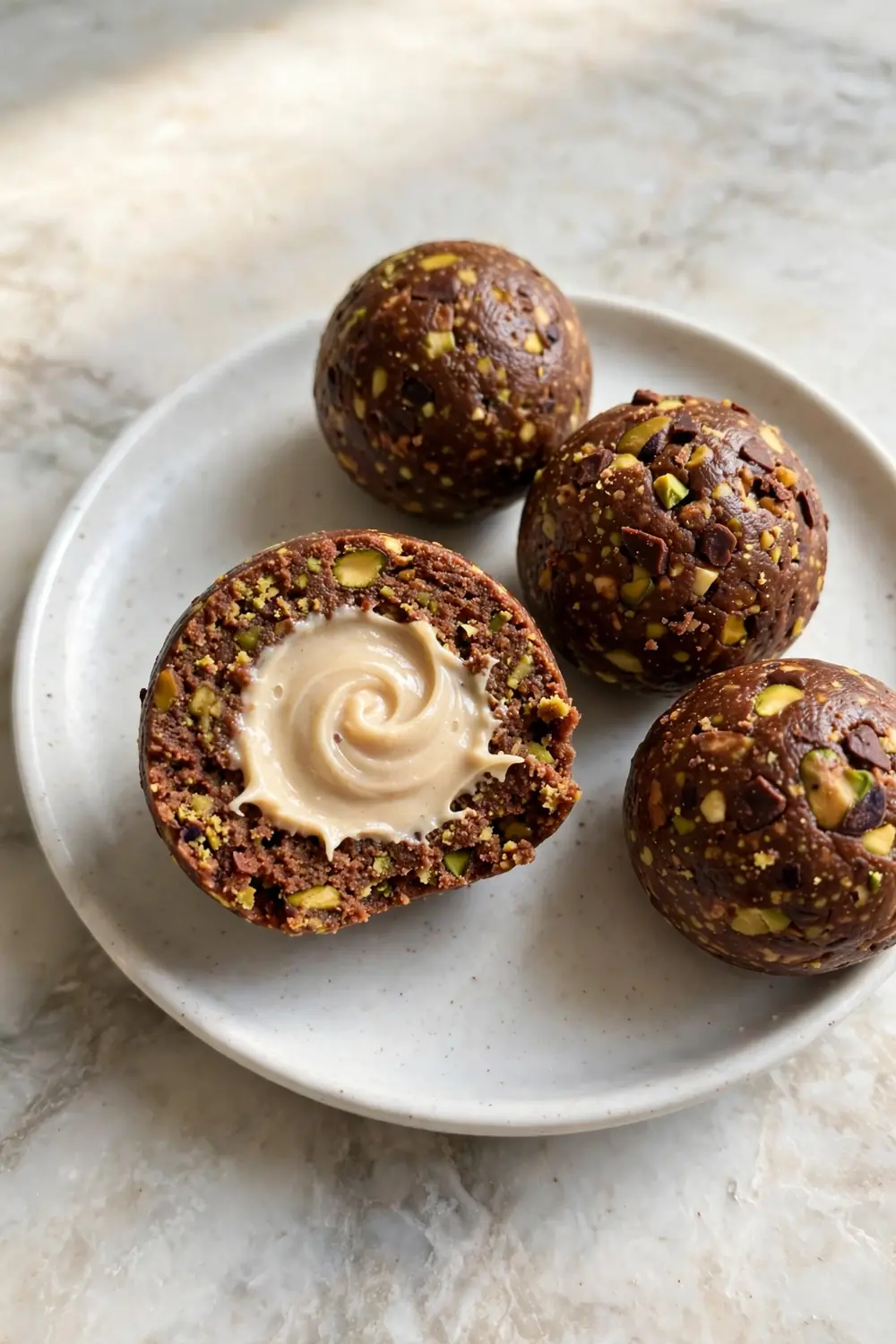 Chocolate pistachio bite cut open showing a tahini swirl center