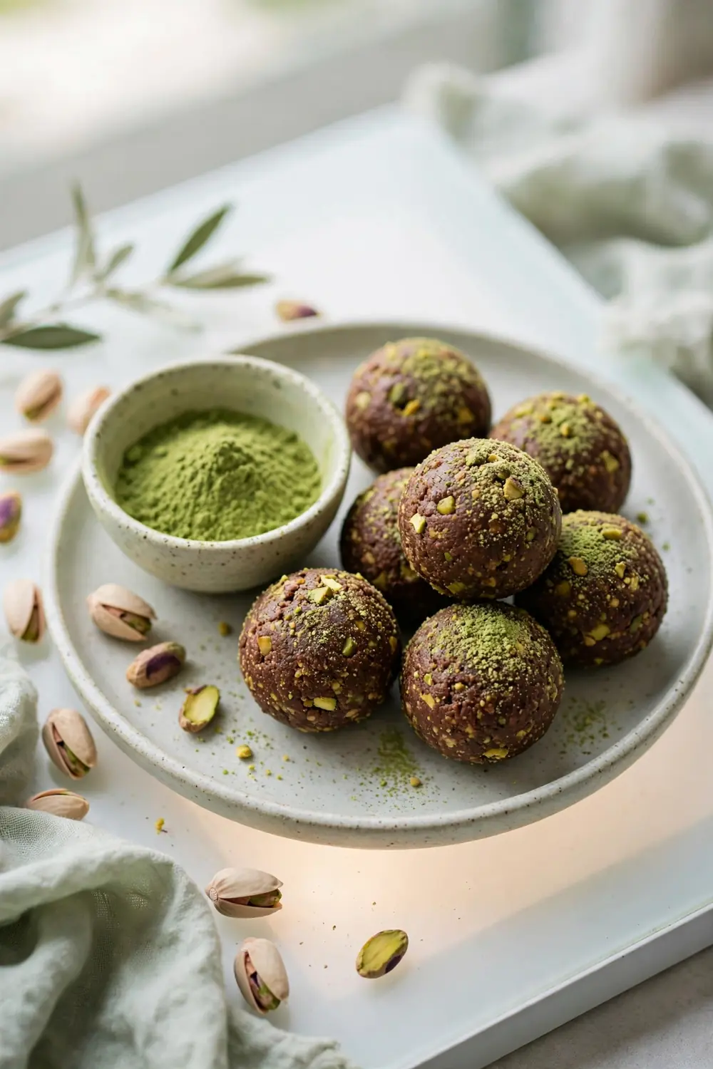 Chocolate pistachio bites dusted with green matcha powder