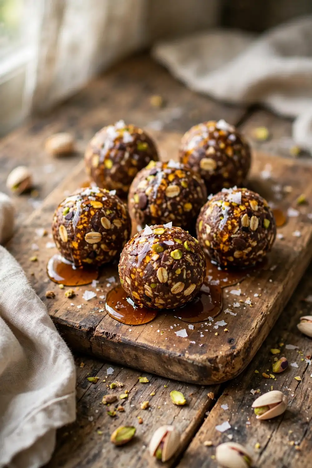 Chocolate pistachio bites with maple syrup drizzle and flaky sea salt