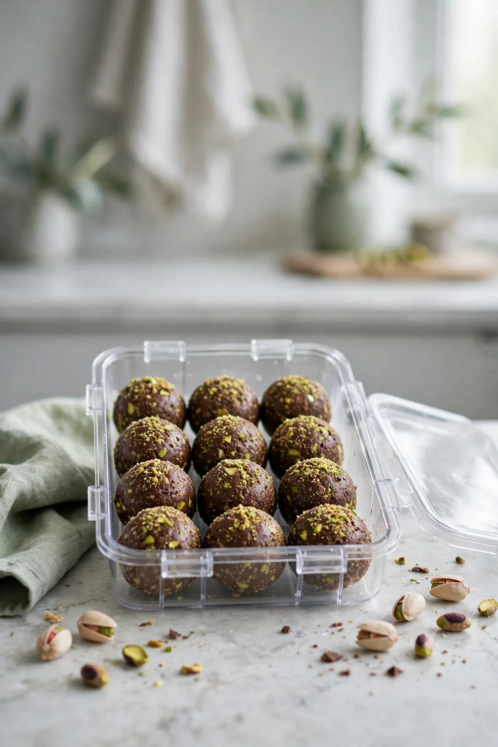 Chocolate pistachio bites stored in a freezer container