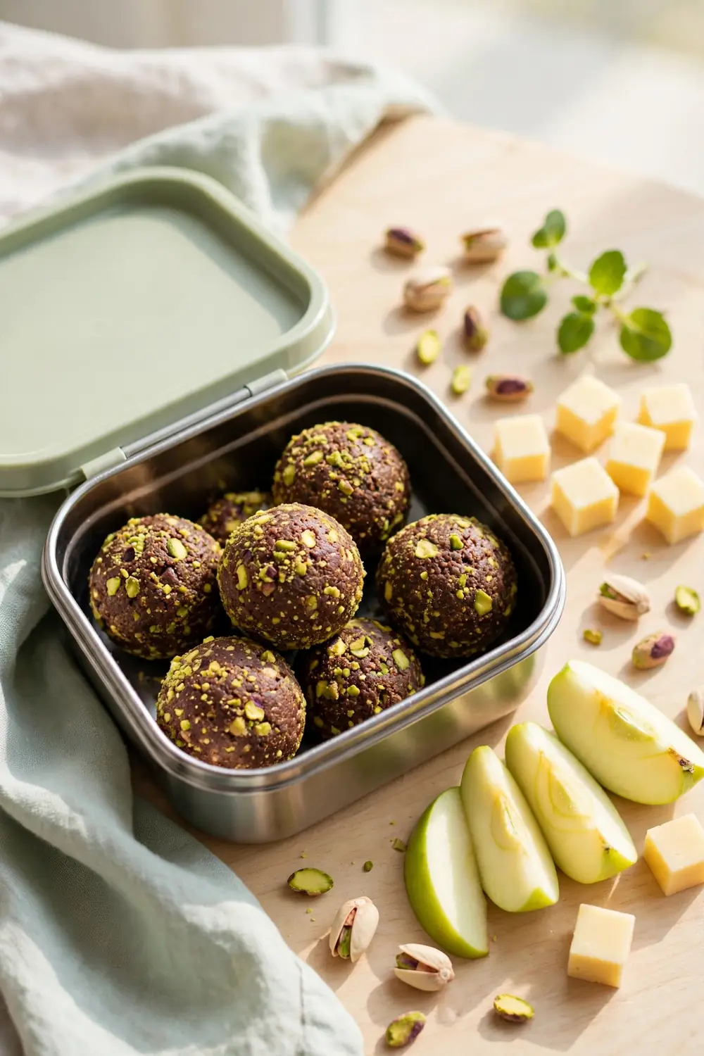 Chocolate pistachio bites packed in a lunchbox with fruit