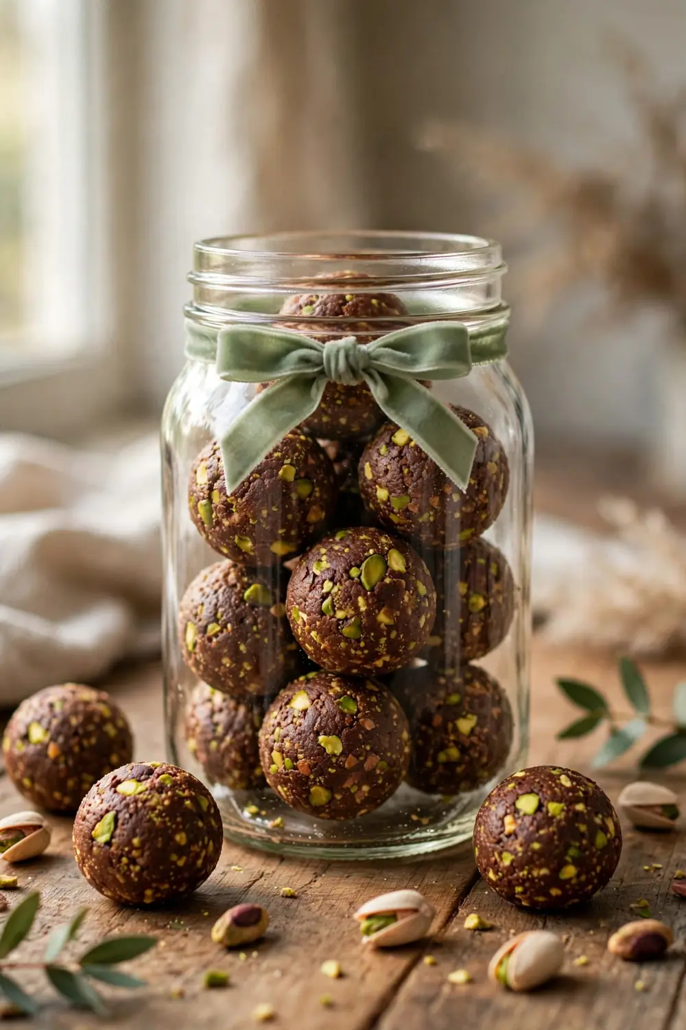Chocolate pistachio bites layered in a glass gift jar with ribbon