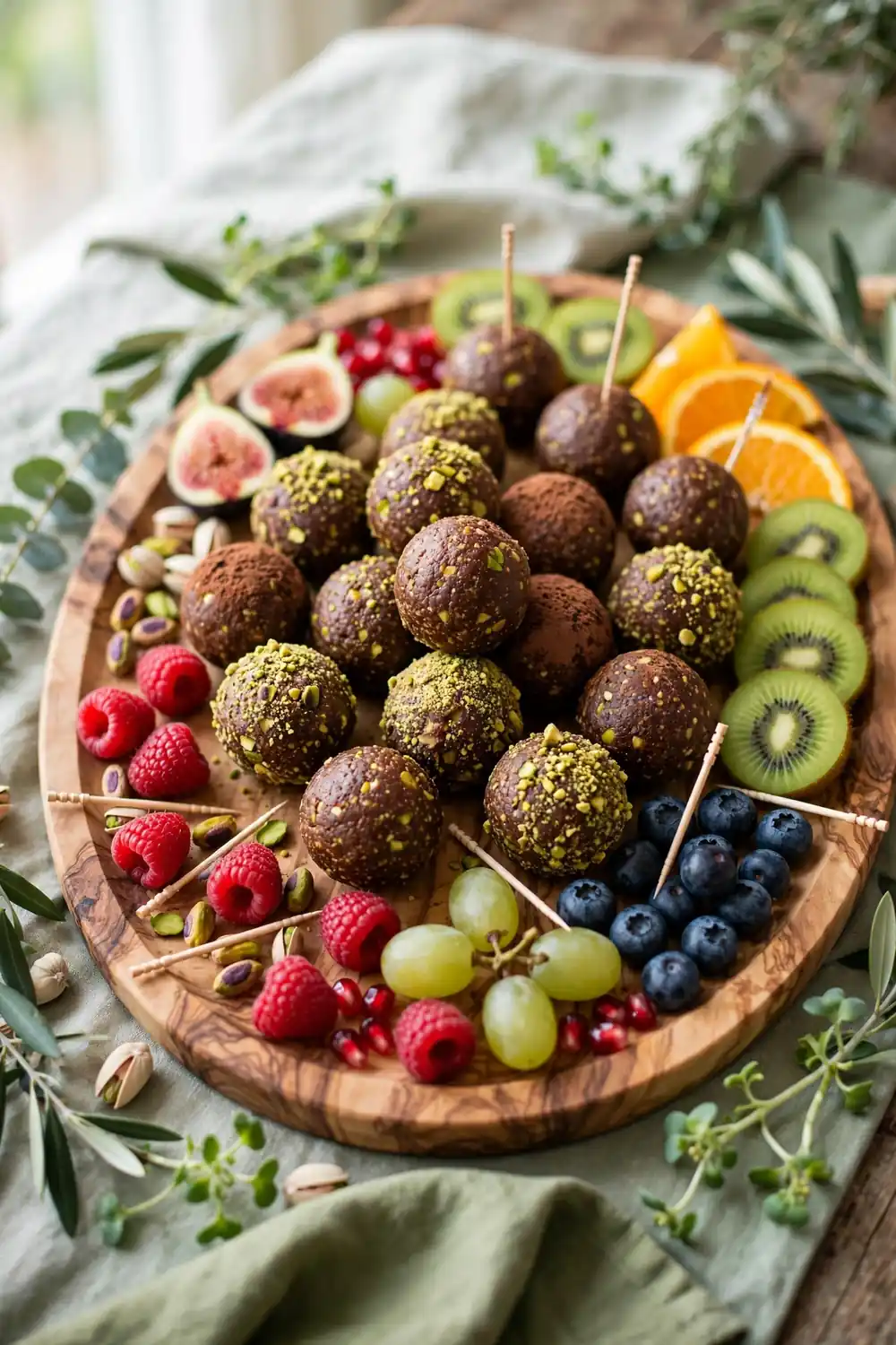 Chocolate pistachio bites arranged on a party tray with toothpicks