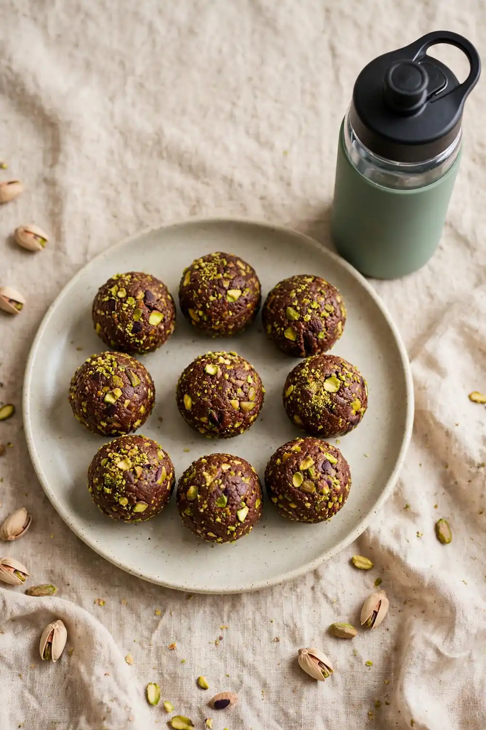 Chocolate pistachio bites beside a gym water bottle