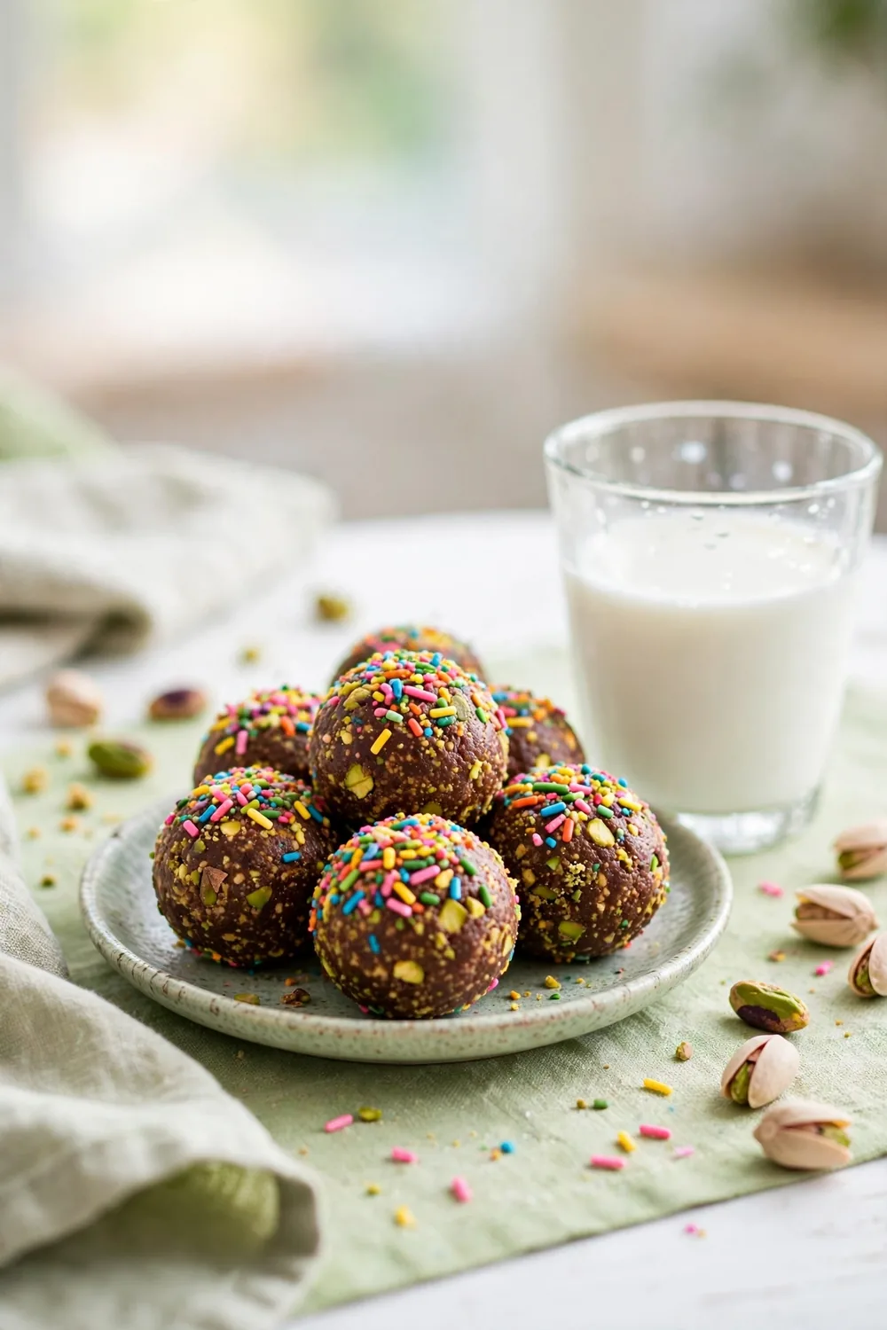 Chocolate pistachio bites with sprinkles made for kids