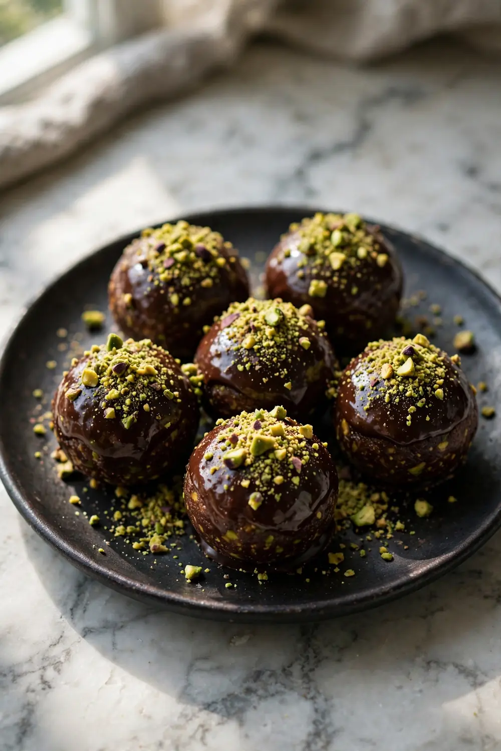 Chocolate pistachio bites coated in a glossy dark chocolate shell