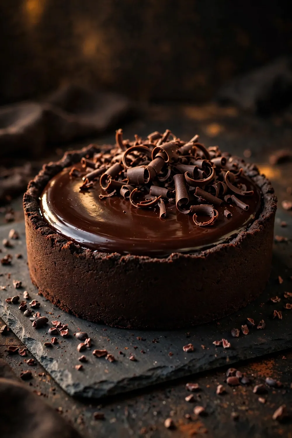 Dark silky chocolate pie with chocolate curls on a slate board