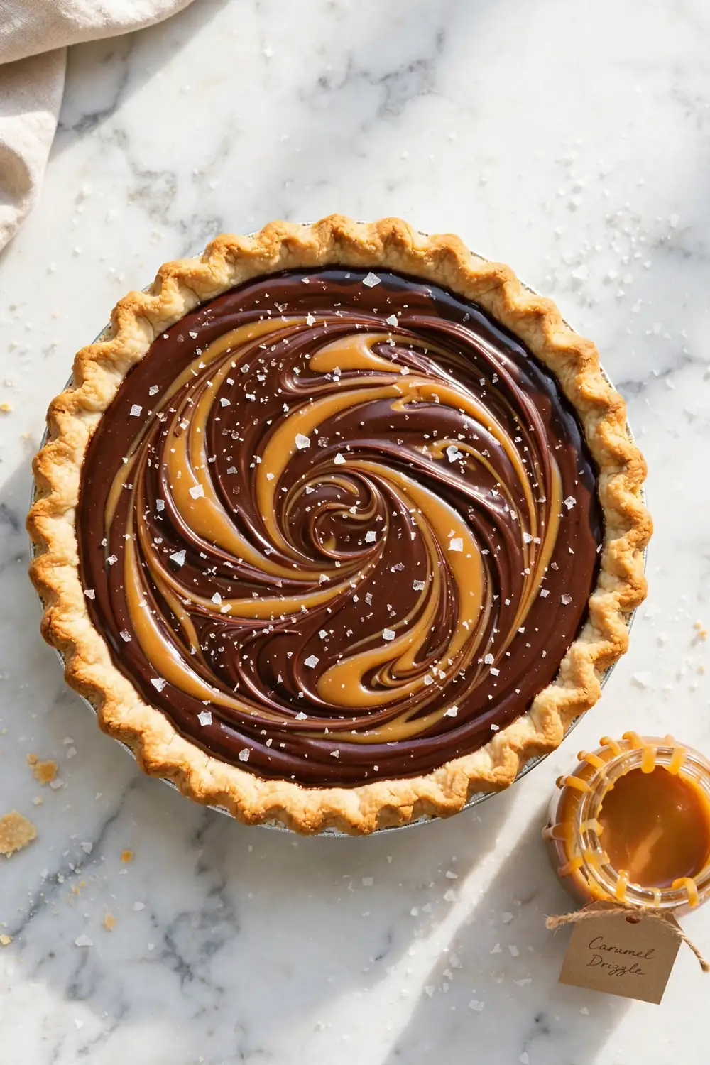 silky chocolate pie with salted caramel swirls and flaky sea salt