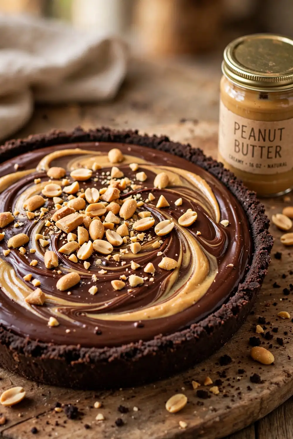 silky chocolate pie with peanut butter ripples and chopped peanuts