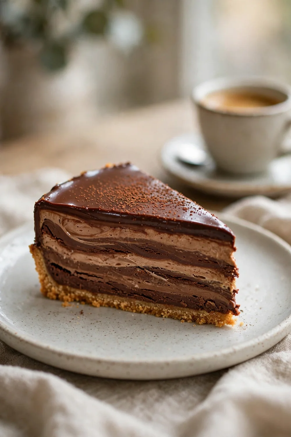 Slice of espresso layered silky chocolate pie beside an espresso cup