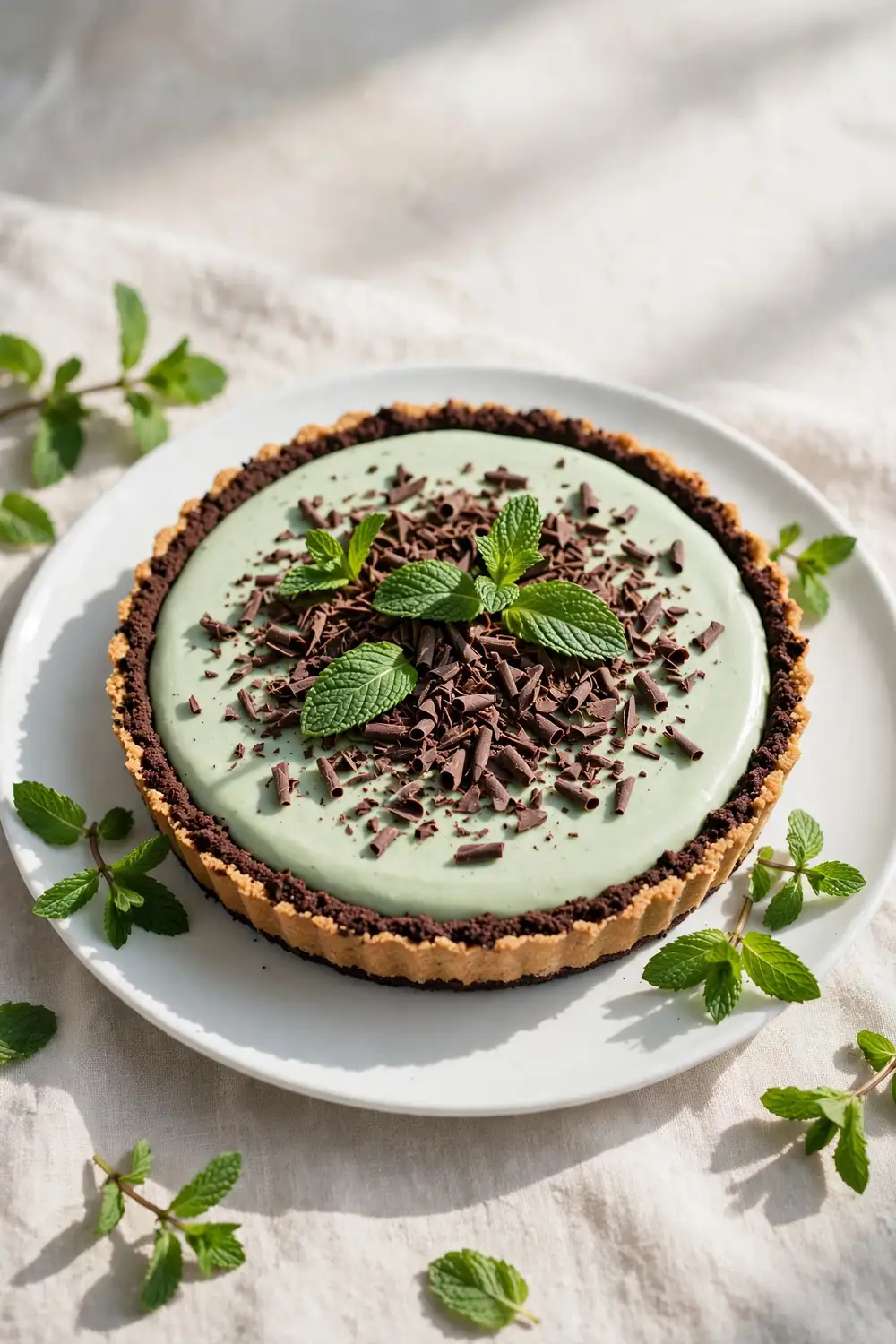 Mint silky chocolate pie with fresh mint leaves and chocolate shavings