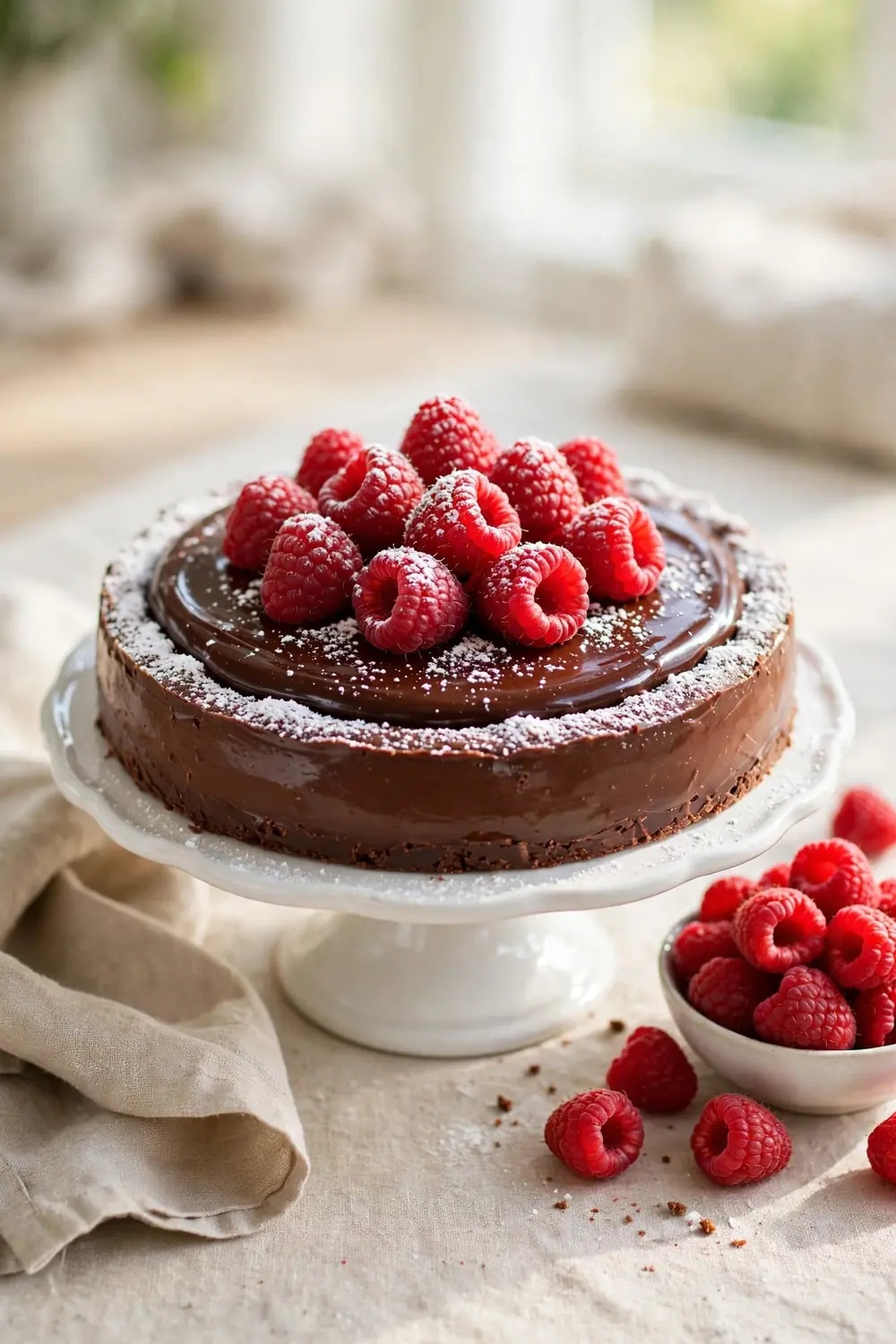 silky chocolate pie topped with fresh raspberries and powdered sugar