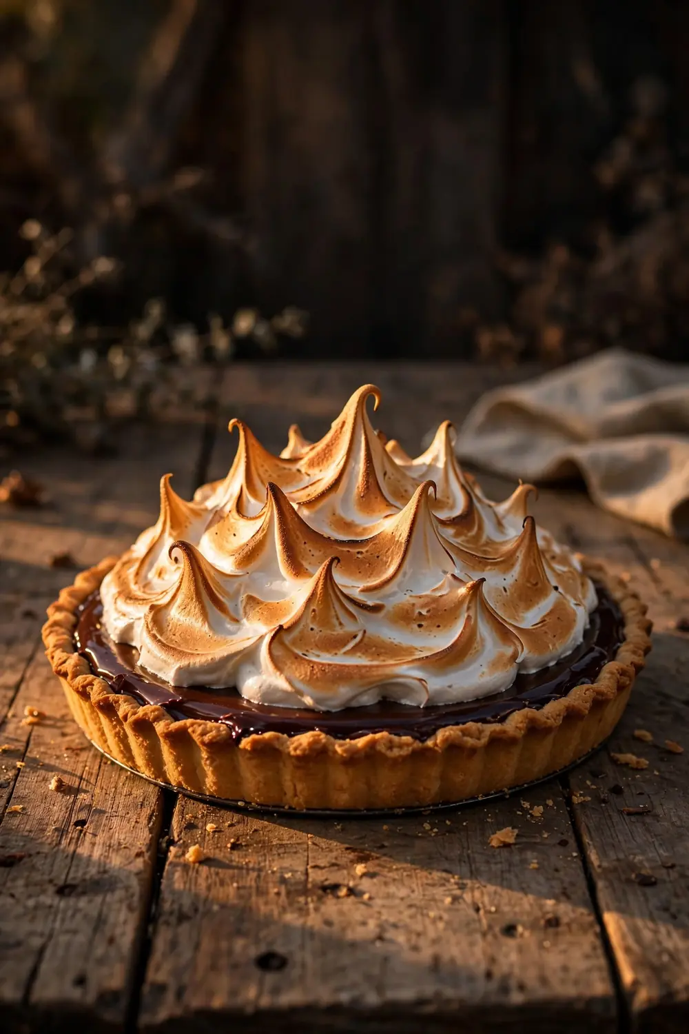 silky chocolate pie crowned with toasted golden meringue peaks