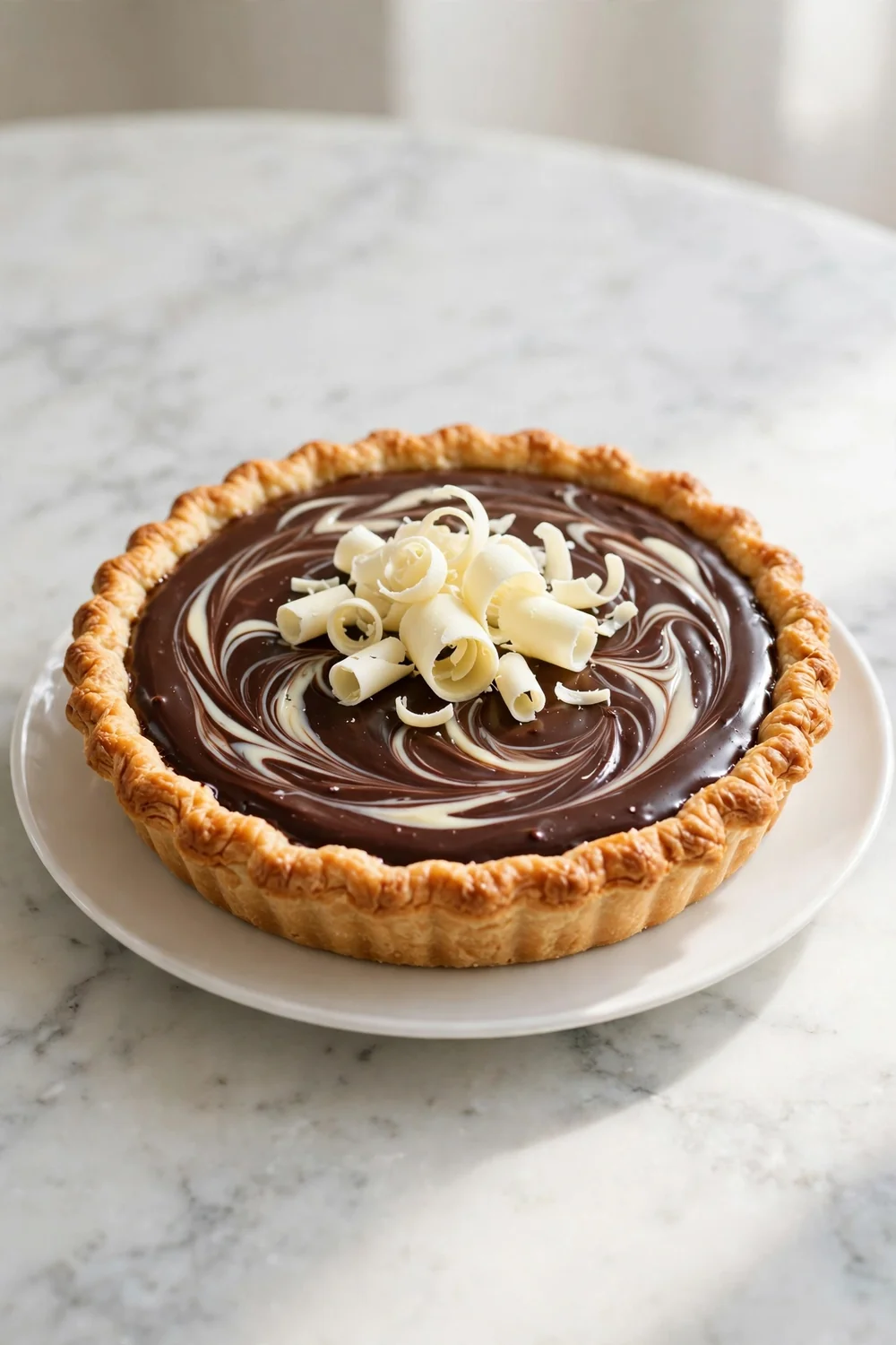 silky chocolate pie with white chocolate marble swirls and curls