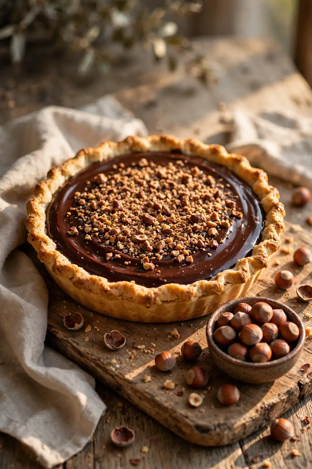 silky chocolate pie topped with crushed toasted hazelnuts