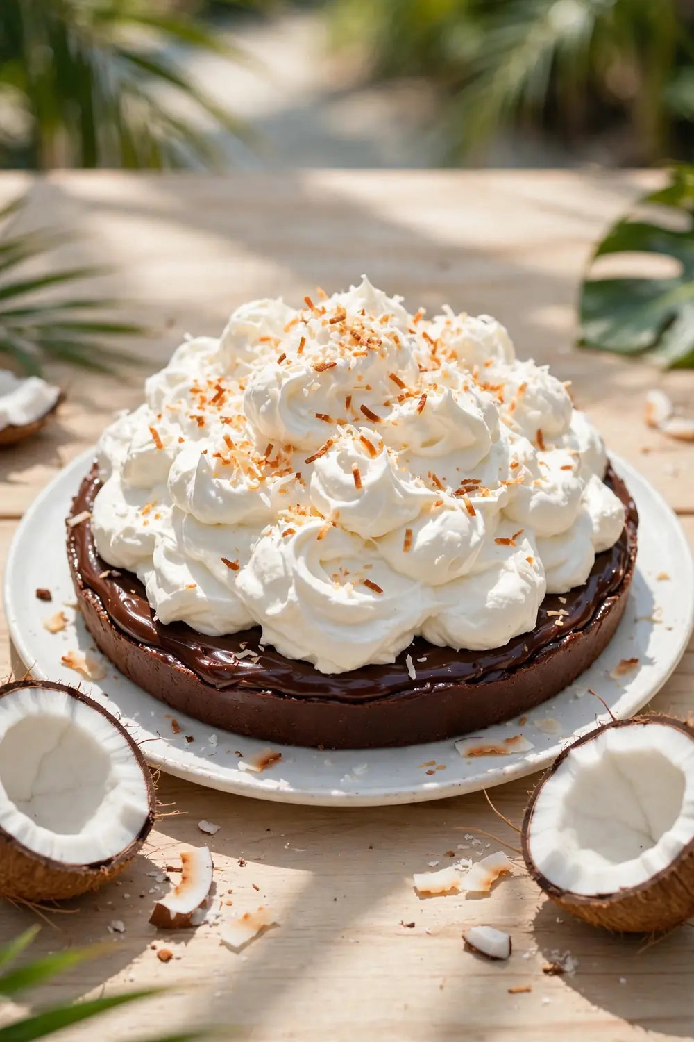 silky chocolate pie topped with coconut cream and toasted flakes