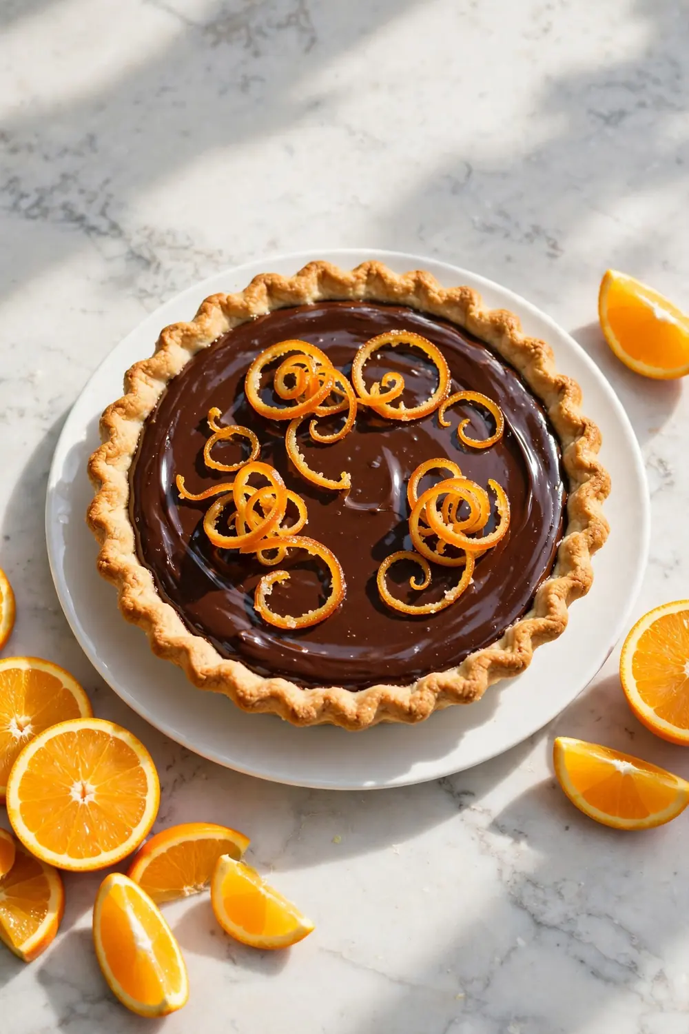 silky chocolate pie with candied orange zest curls on top