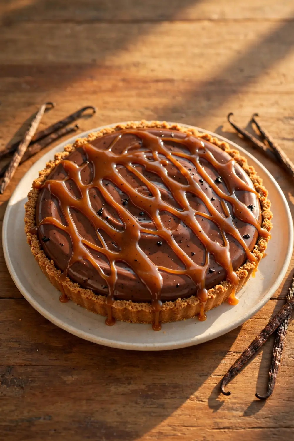 silky chocolate pie with caramel drizzle and vanilla bean specks
