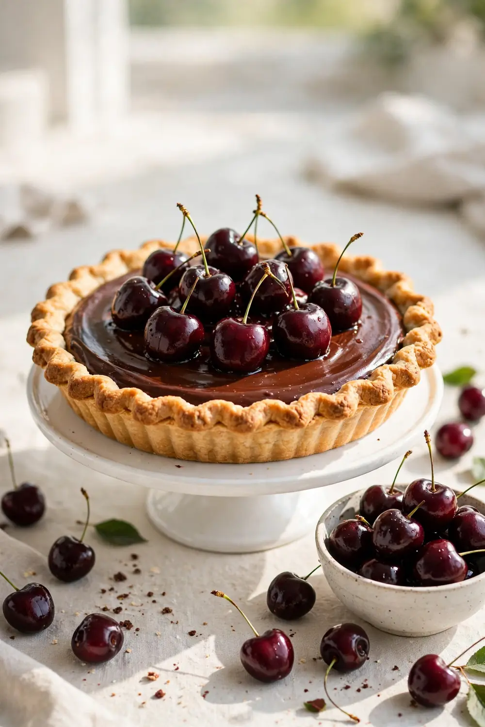 silky chocolate pie topped with glossy dark cherries
