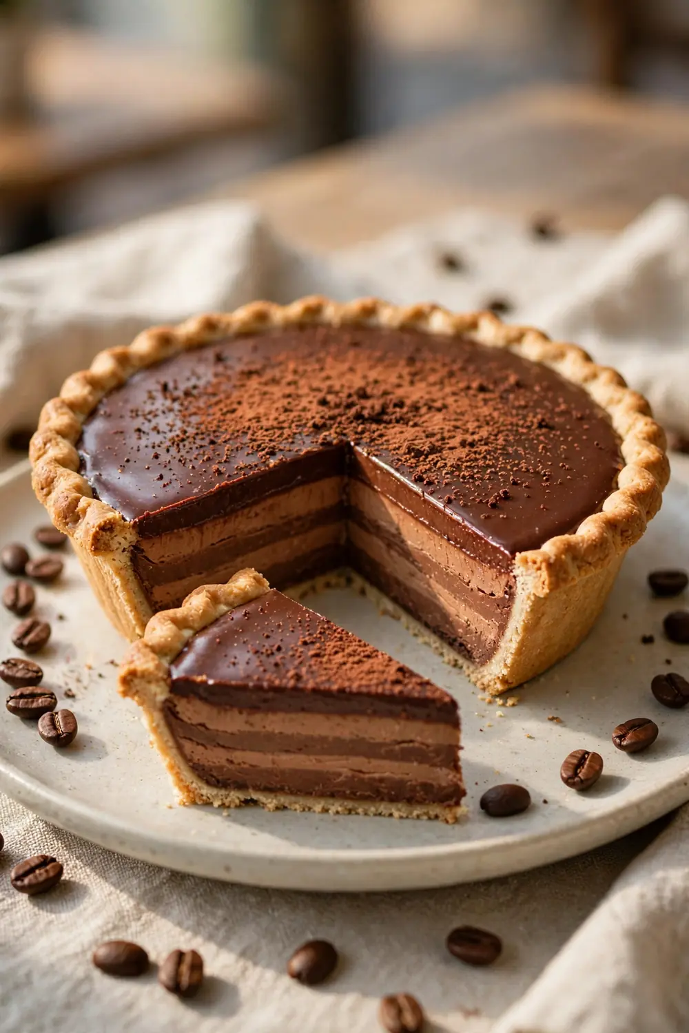 Mocha fudge layered silky chocolate pie with a slice cut