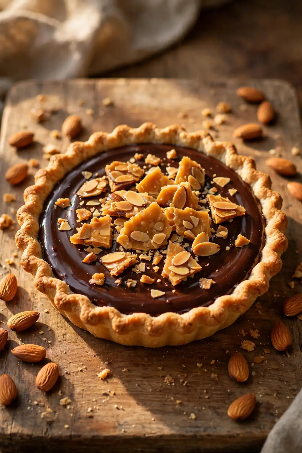 silky chocolate pie topped with golden almond praline shards
