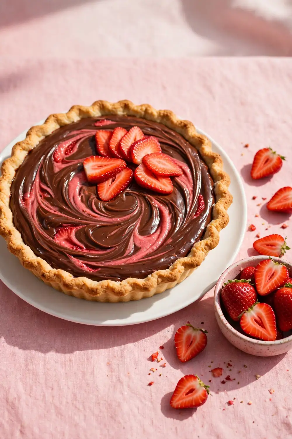 silky chocolate pie with strawberry swirls and fresh strawberry slices