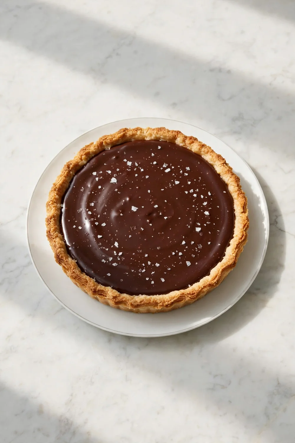 silky chocolate pie with flaky sea salt over glossy filling